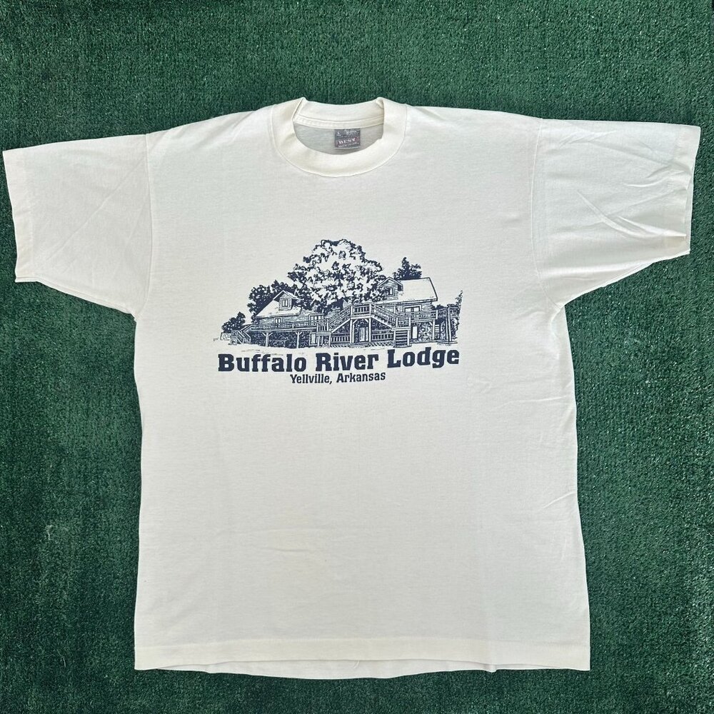 Vintage 90s Arkansas River Lodge T-Shirt Outdoor Nature Gorpcore Single Stitch L